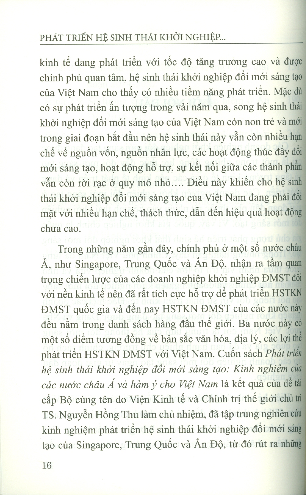 Phát Triển Hệ Sinh Thái Khởi Nghiệp Đổi Mới Sáng Tạo - Kinh Nghiệm Của Các Nước Châu Á Và Hàm Ý Choviệt Nam (Sách chuyên khảo) - Viện Hàn lâm Khoa học xã hội Việt Nam - Viện Kinh tế và Chính trị Thế giới; TS. Nguyễn Hồng Thu chủ biên