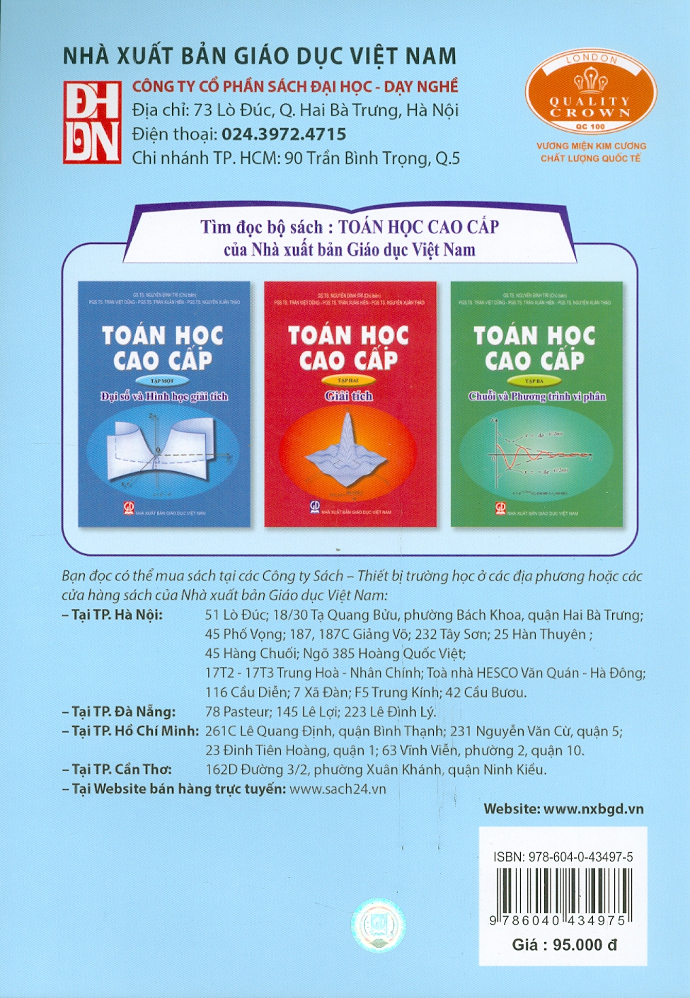 Toán Học Cao Cấp, Tập 1: Đại Số Và Hình Học Giải Tích (Tái bản lần thứ tư, năm 2024)- GS.TS. Nguyễn Đình Trí (Chủ biên), PGS. TS. Trần Việt Dũng, PGS. TS. Trần Xuân Hiển, PGS. TS. Nguyễn Xuân Hào