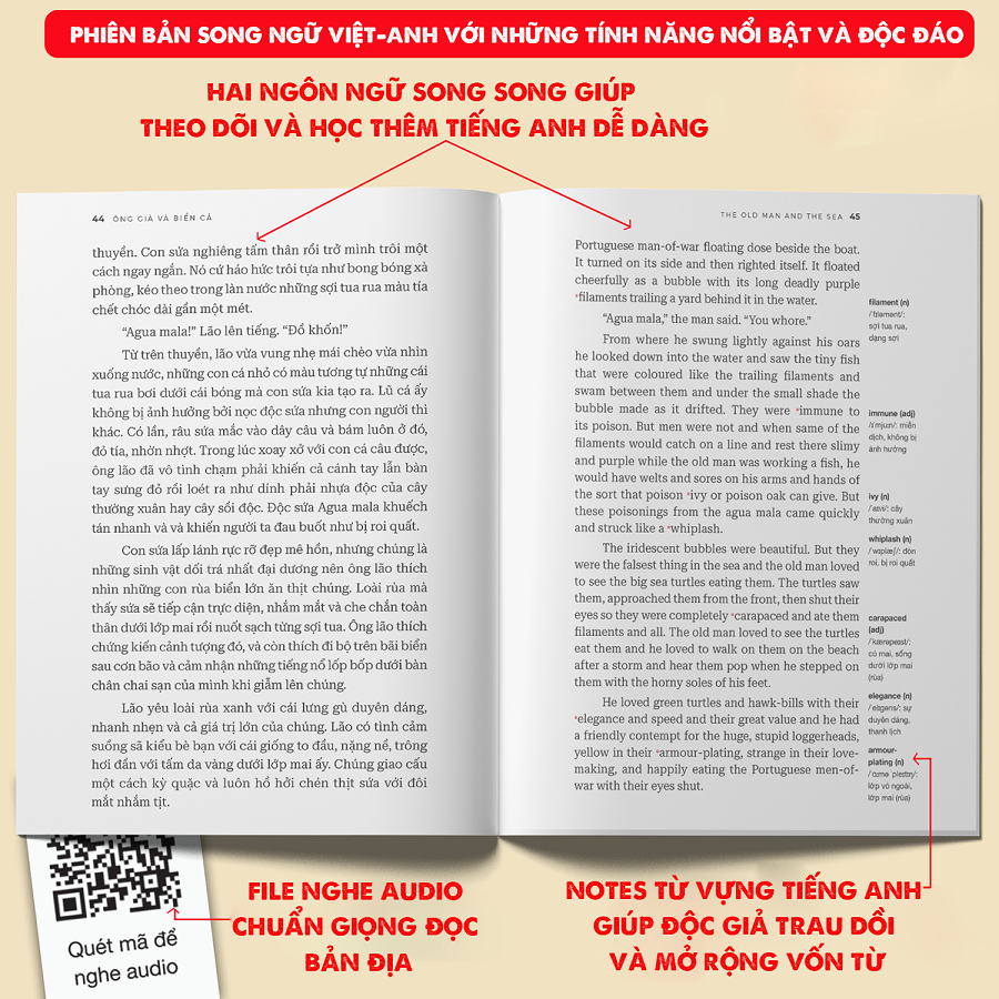 Sách song ngữ Ông Già Và Biển Cả - Tiểu thuyết kinh điển thiếu nhi tặng kèm file nghe & note từ vựng - HG Books