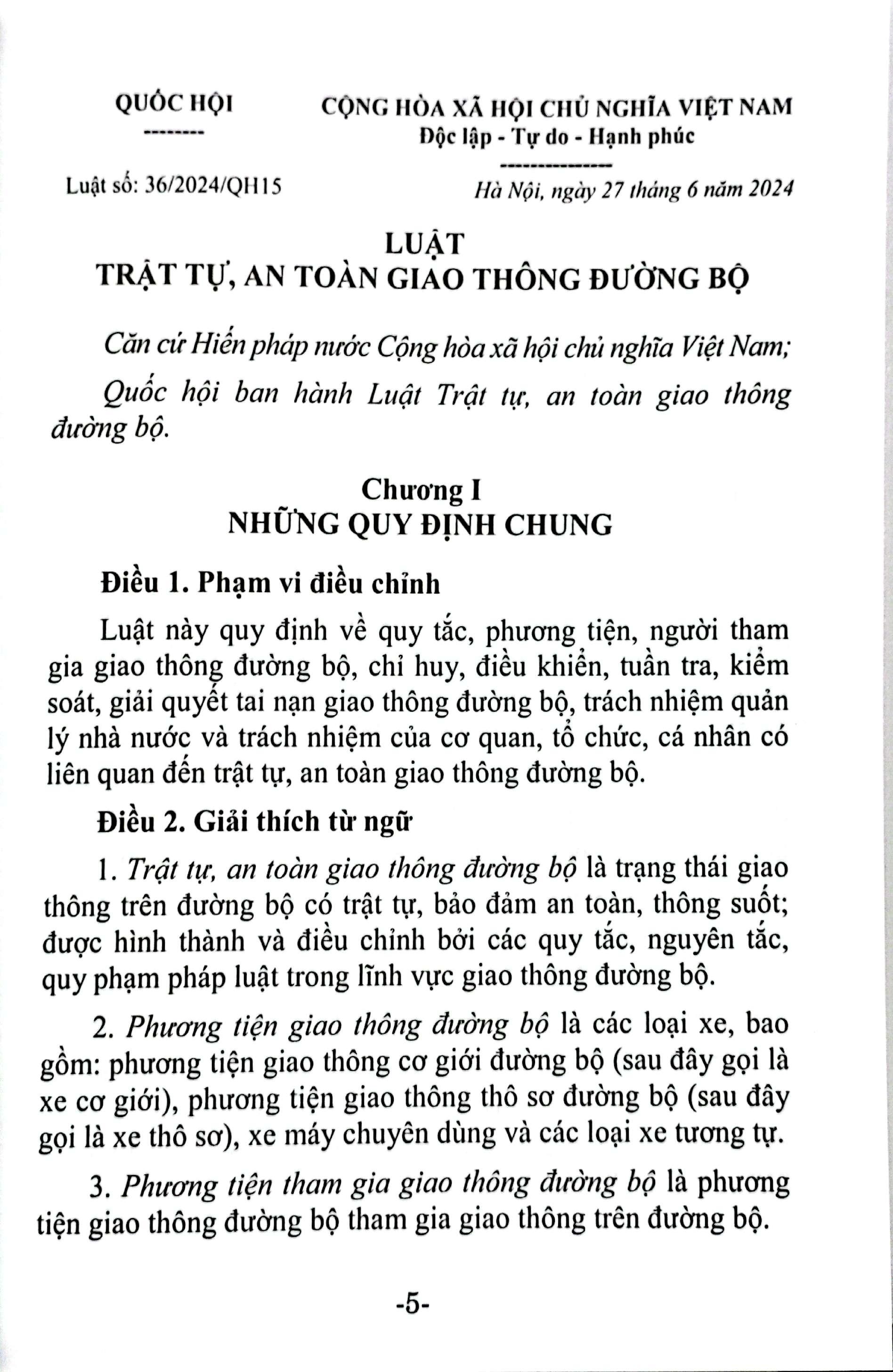 Sách - Luật Trật Tự, An Toàn Giao Thông Đường Bộ (Được Quốc Hội Thông Qua Ngày 27-6-2024, Có Hiệu Lực Từ Ngày 01-01-2025)