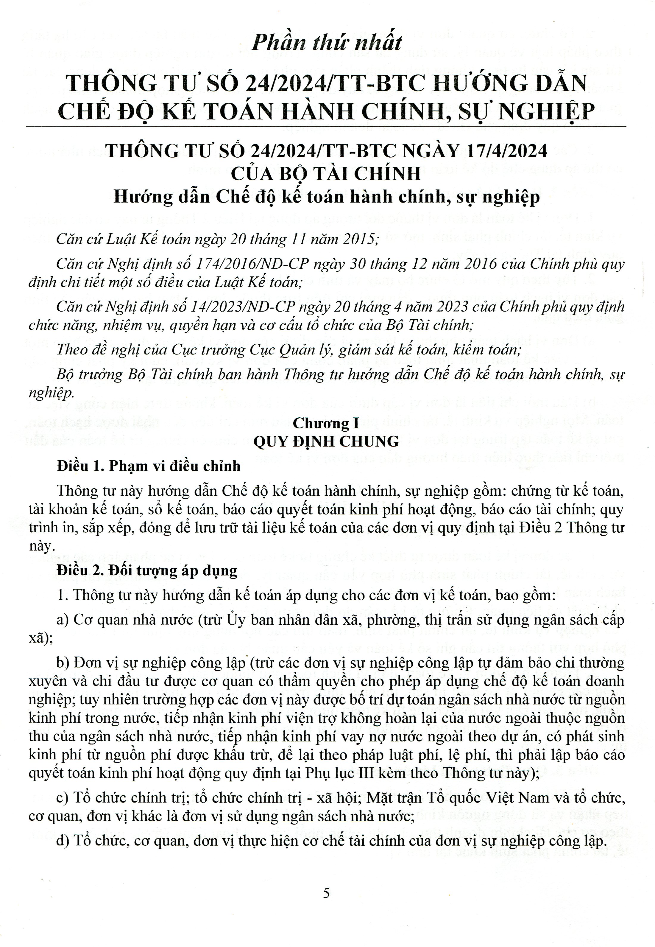Chế Độ Kế Toán Hành Chính, Sự Nghiệp (Theo Thông Tư Số: 24/2024/TT-BTC Ngày 17/04/2024 Của Bộ Trưởng Bộ Tài Chính)