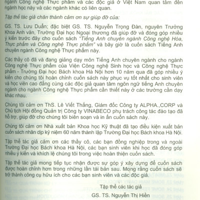 Tiếng Anh Chuyên Ngành Công Nghệ Thực Phẩm (Song Ngữ Anh - Việt ) - GS. TS. Nguyễn Thị Hiền chủ biên, ThS. Lê Thị Lan Chi, TS. Từ Việt Phú, PGS. TS. Lương Hồng Nga