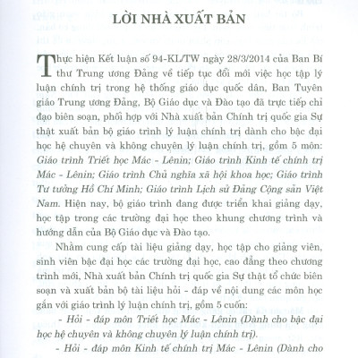 Hỏi - Đáp Môn Lịch Sử Đảng Cộng Sản Việt Nam (Dùng cho bậc đại học hệ chuyên và không chuyên lý luận chính trị) (Tài liệu theo bộ giáo trình mới nhất của Bộ Giáo dục và Đào Tạo)