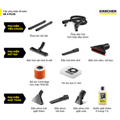 (Sản xuất Châu Âu) Máy giặt thảm, Sofa Karcher SE 4 Plus - Công suất 1000W - Làm sạch thảm, sofa và hút bụi đa năng dùng cho gia đình - Hàng Chính Hãng