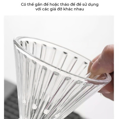 Phễu thuỷ tinh V60 rãnh thẵng đế nhựa đen CAFE DE KONA