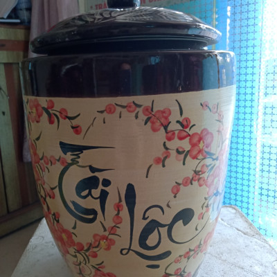 Hũ đựng gạo tài lộc nắp nhọn gốm sứ Bát Tràng loại 20Kg