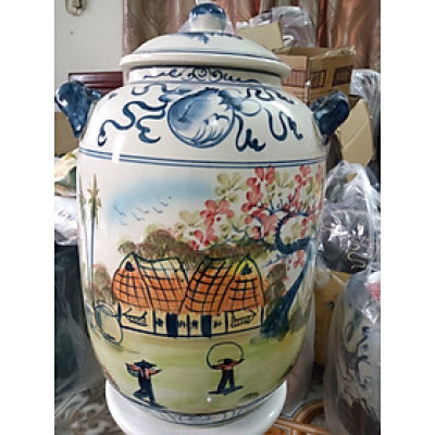 Hũ đựng rượu gạo vẽ phong cảnh Bát Tràng loại 30L (hoa văn ngẫu nhiên)