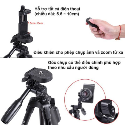 Chân đế điện thoại, chân đế máy ảnh Yunteng VCT 5208 kiêm giá đỡ có remote Bluetooth điều khiển chụp từ xa -Hàng Chính Hãng
