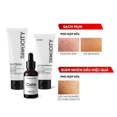 Bộ sản phẩm Men Stay Simplicity chăm sóc da dầu mụn cho nam Acne Relief Skincare Trio: Sữa rửa mặt 100g x Serum 30ml x Kem dưỡng ẩm 80g