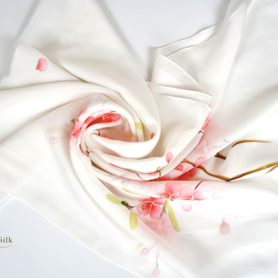 Khăn Lụa Tơ Tằm Vẽ Hoa Đào - SenSilk - Quà Tết Truyền Thống Việt Nam, Phụ Kiện Thời Trang Nữ Cao Cấp 160x55cm, Silk Painting Scarves, Tinh Hoa Làng Nghề, Top Fashionista Scarf For Women 
