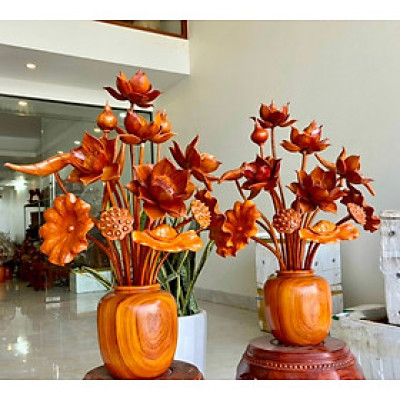 1 bình hoa sen 17 cành hoa lá gương ,Trang trí phòng khách phòng thờ ,bằng gỗ hương đỏ đẹp long lanh