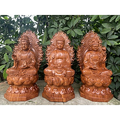Bộ tượng phật tam thánh ngồi đài sen bằng gỗ hương kt cao 30×15×16cm