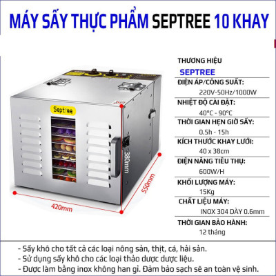 Máy sấy thực phẩm chuyên nghiệp dung tích lớn 59 lít 10 khay thương hiệu Mỹ Septree ST-01 - Hàng Nhập Khẩu