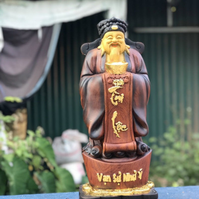 Tượng phật ông thần tài trạm khắc bằng gỗ hương đá tô làm mầu giả cổ kt cao 50×18×15cm