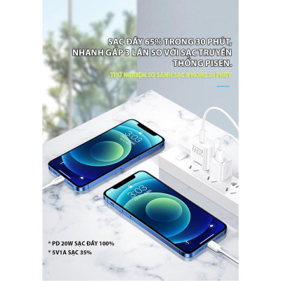 Bộ Sạc Nhanh Mr White USB-C 20W CL1000 Lightning - Pisen TS-C135