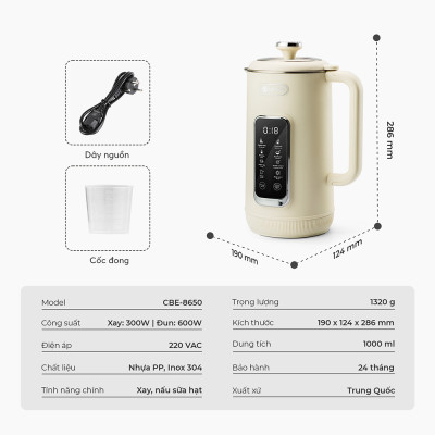 Máy làm sữa hạt Elmich 1L CBE-8650, Hàng chính hãng, 7 chế độ nấu, tự làm sạch, điều khiển cảm ứng - JoyMall