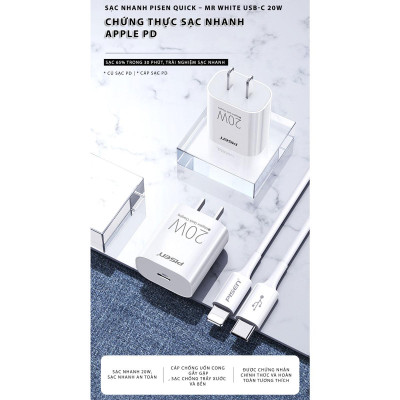 Bộ Sạc Nhanh Mr White USB-C 20W CL1000 Lightning - Pisen TS-C135