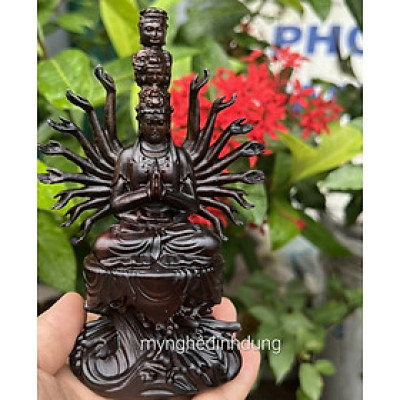 Tượng phật thiên thủ thiên nhãn bằng gỗ trắc đỏ đen kt cao 15x11x6cm