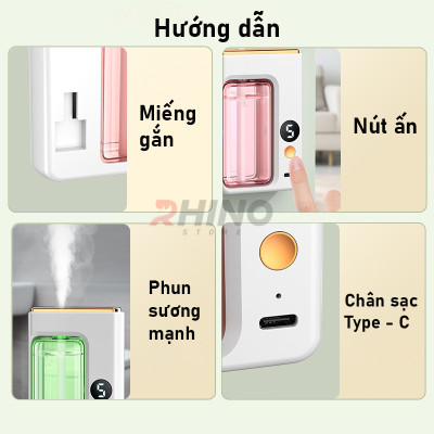 Máy phun sương tinh dầu Rhino H601 tạo ẩm 5 chế độ, tích điện, nhỏ gọn, dán tường - Hàng chính hãng