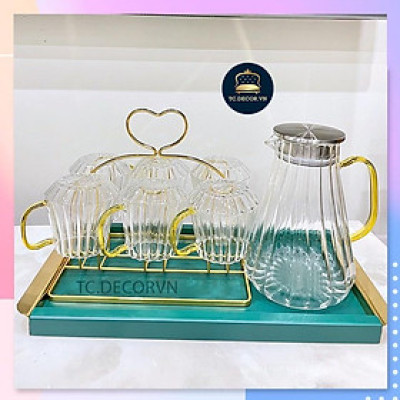 BỘ BÌNH ĐỰNG NƯỚC UỐNG THỦY TINH VÂN SỌC KÈM 6 CỐ KHAY VÀ GIÁ ÚP