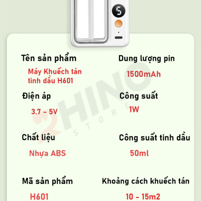 Máy phun sương tinh dầu Rhino H601 tạo ẩm 5 chế độ, tích điện, nhỏ gọn, dán tường - Hàng chính hãng