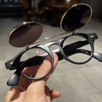 Kính chống nắng Mắt tròn thầy bói 2 lớp mở nắp gọng nhựa 