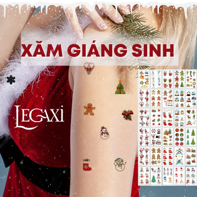 30 tờ hình xăm dán Giáng sinh Noel 180 hình lễ hội cây thông quả cầu tuyết tất người tuyết tuần lộc santa claus ông già nôen chuông misletoe gingerbread man Legaxi