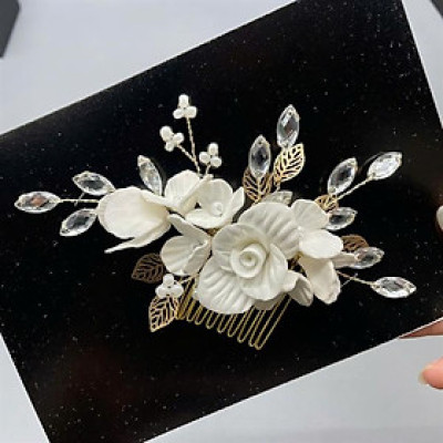 Cài tóc cô dâu hoa đất sét trắng có sẵn xược cài mã 005 - 14cm