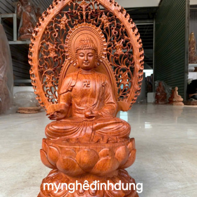 Tượng phật adi đà bằng gỗ hương đá 30x17x16cm+ lá chắn hòa quang cao tổng 41cm