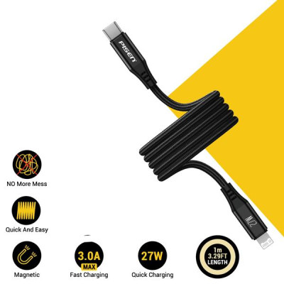 Cáp Sạc Nhanh Pisen Quick Magipi Magloop Lightning USB-C 27W 1m - Màu Đen