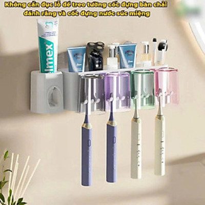 Bộ Nhả Kem Đánh Răng Tự Động Cao Cấp Kèm 4 Cốc – Kệ Để Bàn Chải Gắn Tường