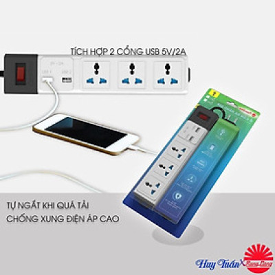 Ổ cắm điện Rạng Đông OC02.USB - Ổ điện thông minh tích hợp 2 cổng sạc USB - chống giật, tự ngắt, công suất 2500W