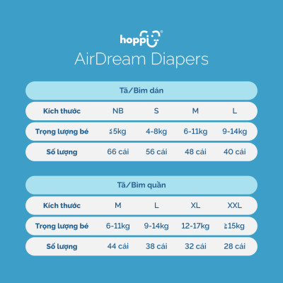 Tã / bỉm dán Hoppi AirDream Diaper số lượng NB 66 / S 56 / M 48 / L 40 miếng