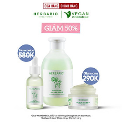 Bộ 3 chăm sóc da mụn cơ bản rau má & Diếp cá Herbario: Sữa rửa măt 200ml + Mặt nạ 30ml + Tinh chất 30ml