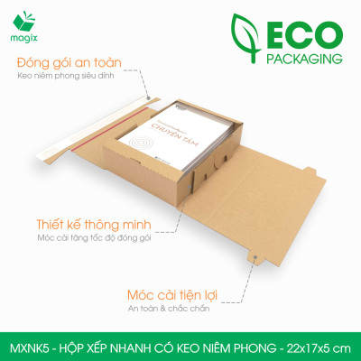 MXNK5 - 22x17x5 cm - 20 hộp carton đóng hàng xếp nhanh có keo niêm phong - Hộp gói hàng, hộp quà