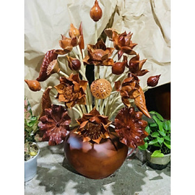 1 bình hoa sen 25 cành , trang trí phòng thờ phòng khách bằng gỗ hương đỏ đẹp long lanh ,