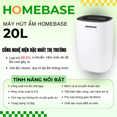 Máy hút ẩm Homebase dung tích 20L cho phòng từ 30-60m2 - Hàng chính hãng
