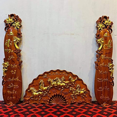 COMBO Cặp câu đối cha mẹ + tranh cánh quạt mã đáo thành công bằng gỗ hương đỏ