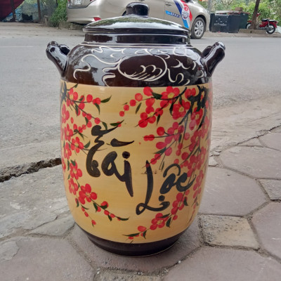 Hũ đựng rượu gạo vẽ hoa đào Bát Tràng 20L