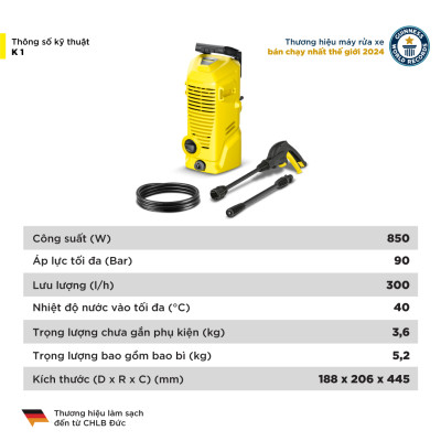 (Mới 2024) Máy phun rửa áp lực cao K 1 - Công suất 850W, áp lực tối đa 90 bar - Làm sạch, vệ sinh xe máy, ban công - Hàng Chính Hãng
