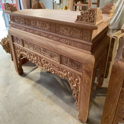 Án gian thờ đục ngũ phúc kim tiền chân 14 gỗ hương đá