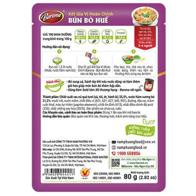 Combo 1 gói Xốt Barona Bún Bò Huế 80g, 1 gói Xốt Barona Hủ Tiếu Nam Vang 80g TẶNG 1 Hũ Sa tế XO Thượng hạng Barona 100g