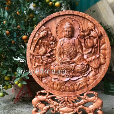 Đĩa khắc phật adi đà bằng gỗ hương đá kt 30cm