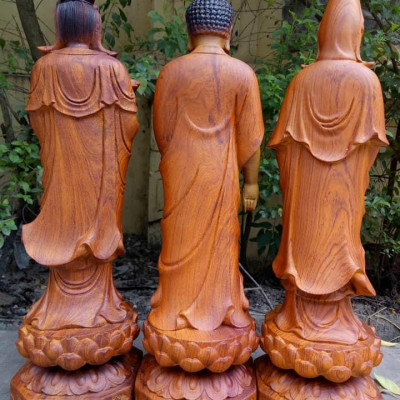 Bộ tượng phật tam thánh bằng gỗ hương đá tô làm mầu giả cổ kt cao 40×12×12cm