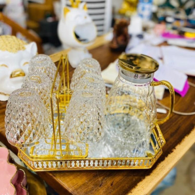 Combo bình đựng nước uống thủy tinh chịu nhiệt cao cấp kèm khay và giá úp cốc