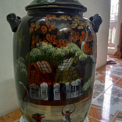 Hũ đựng rượu, gạo vẽ phong cảnh gốm sứ Bát Tràng loại 20L (15 Kg gạo)