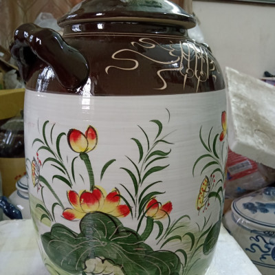Hũ đựng rượu gạo gốm sứ Bát Tràng vẽ sen cá vàng loại 15L