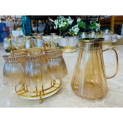 BỘ BÌNH ĐỰNG NƯỚC UỐNG KEMG 6 CỐC VÀ GIÁ ÚP CỐC MÀU VÀNG SANG TRỌNG