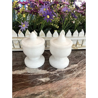 Cặp hũ đựng muối, gạo thờ cúng đặt bàn thờ ông thần tài thổ địa đá cẩm thạch trắng