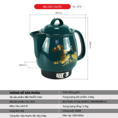 Ấm sắc thuốc tự động 4L GL-1815 - 450W, Ấm nấu thuốc tự động siêu tiện lợi, an toàn. Hàng chính hãng bảo hành 24 Tháng